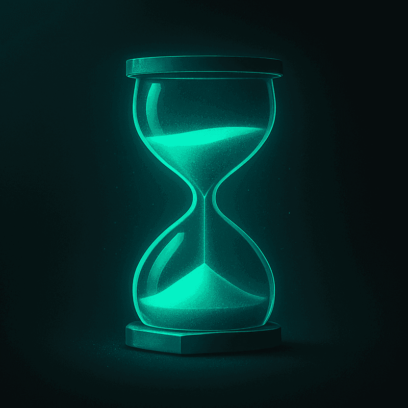 A glowing teal hourglass: the finite weeks of a life, lit from within.